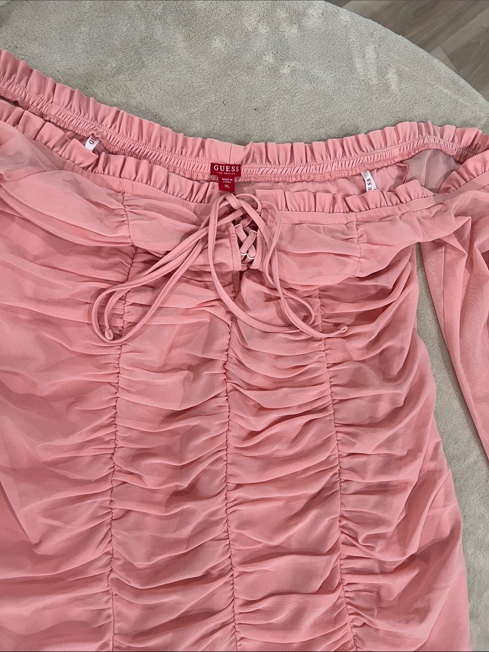 GUESS Blush Pink Ruched Off-Shoulder Top with Lace-Up Front
